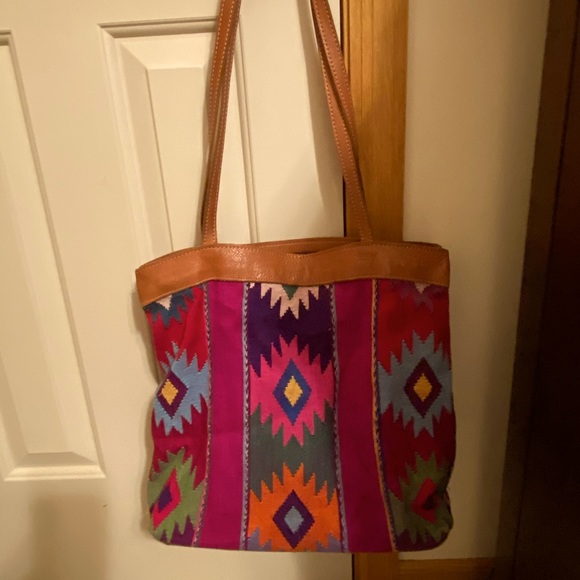 Handbags - Multi-colored Fabric Leather Trimmed Bag